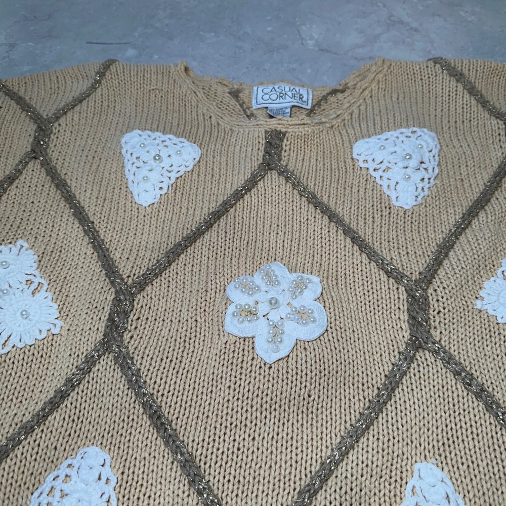 Vintage 90s Casual Corner Statement Knit Sweater Women L Embellished Pearls Gold - Picture 6 of 9